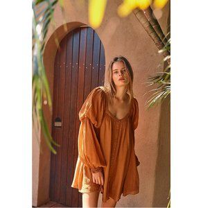 Free People So Fresh Tunic Mini Dress Buttondown Cotton Puff Sleeves S